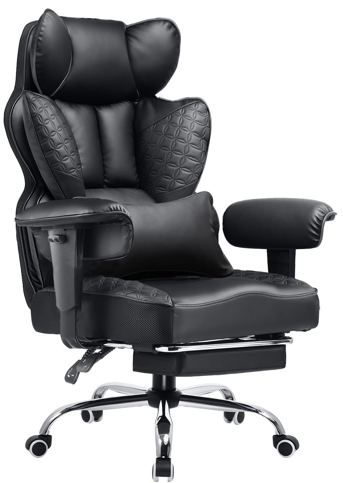 COMHOMA Big and Tall Office Chair Heavy Duty Wide Ergonomic Gaming Chair with Deluxe Embossing Designed Leather with Foot Rest,150°Reclining Adjustable Armrests Pocket Spring Back Support and Pillow