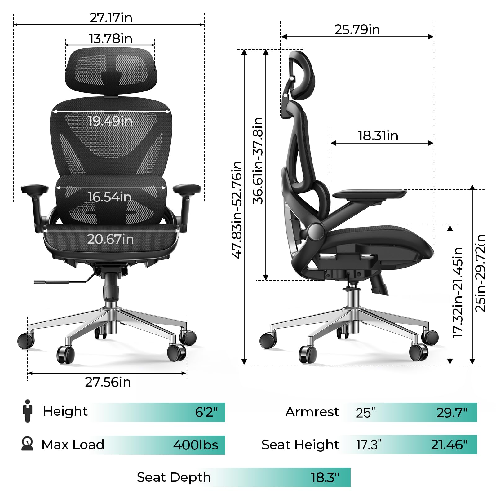 CAPOT Ergonomic Mesh Office Chair, Adjustable Lumbar High Back Desk Chair 400lbs, 4D Flip-up Arms, 3-Level Tilt Backrest, 3D Headrest, PU Wheels, Swivel Rolling Computer Seating for Long Desk Work - Image 9
