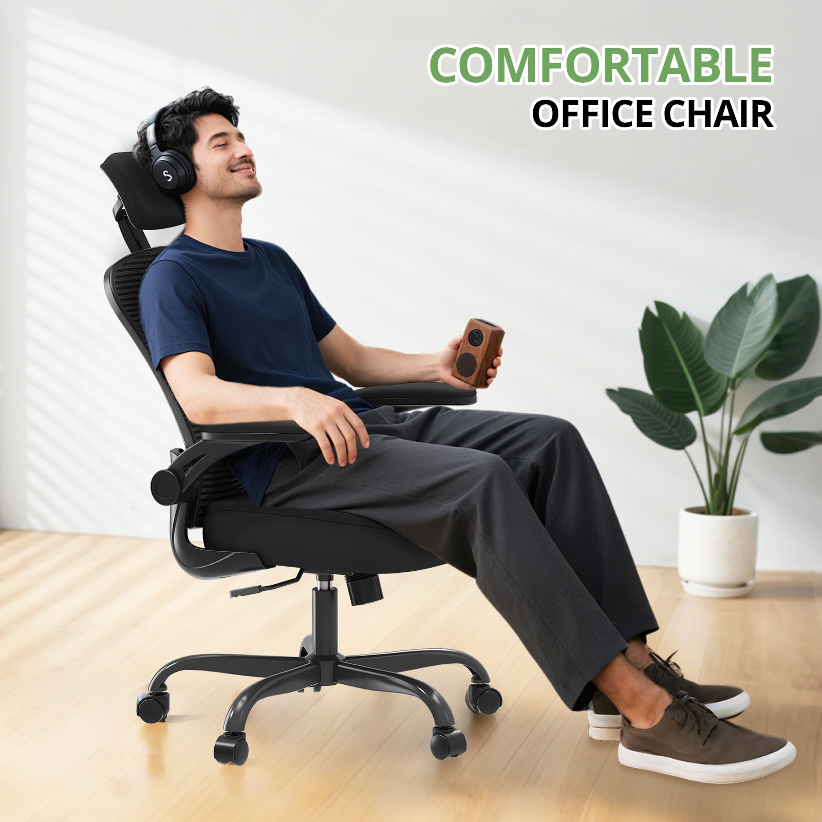 Office Chair Ergonomic Desk Chair, 330LBS Capacity, High Back Computer Chair for Long Hours Comfortable, Rolling Swivel Executive Task Chair for Home Office with Flip-up Armrests, Black - Image 2