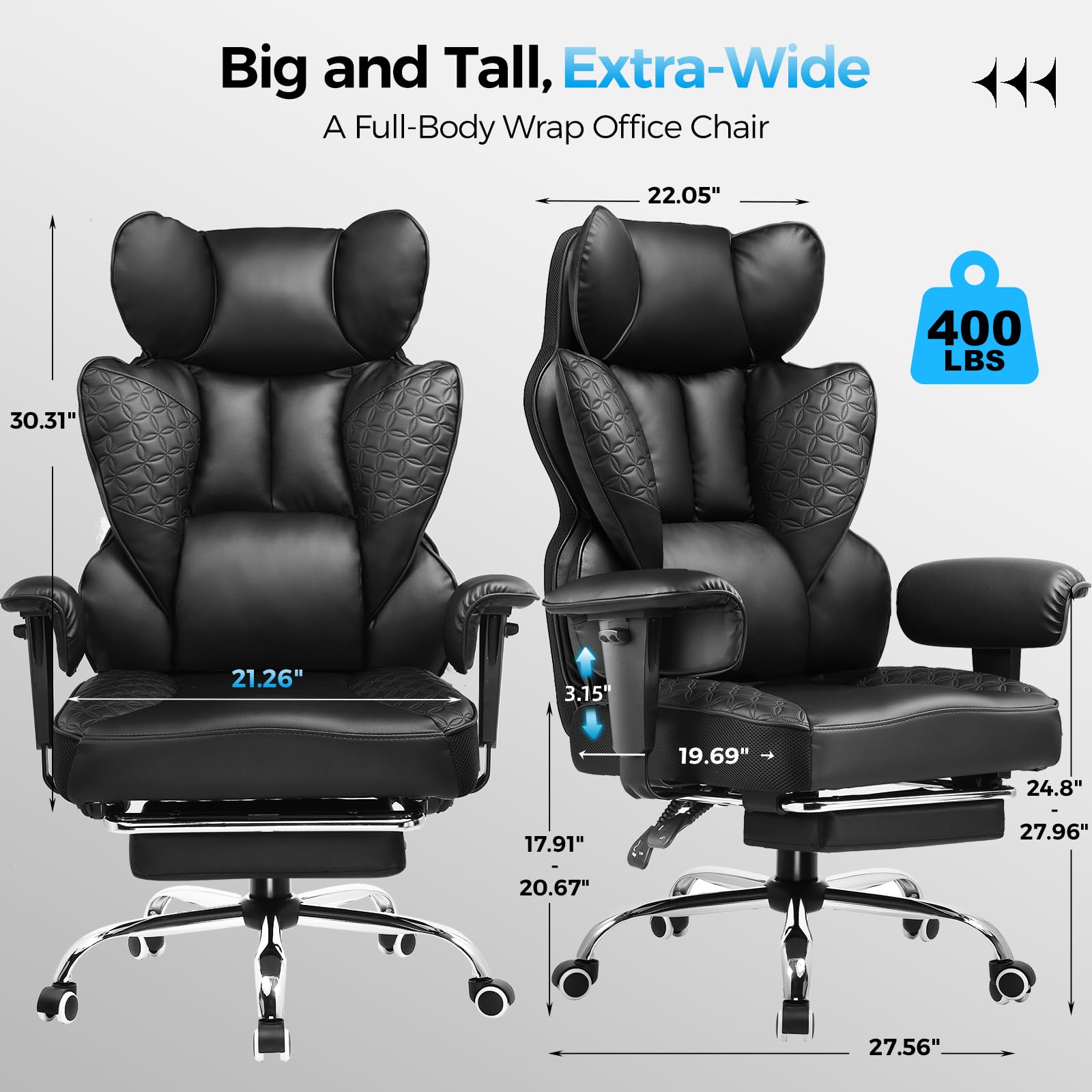 COMHOMA Big and Tall Office Chair Heavy Duty Wide Ergonomic Gaming Chair with Deluxe Embossing Designed Leather with Foot Rest,150°Reclining Adjustable Armrests Pocket Spring Back Support and Pillow - Image 9