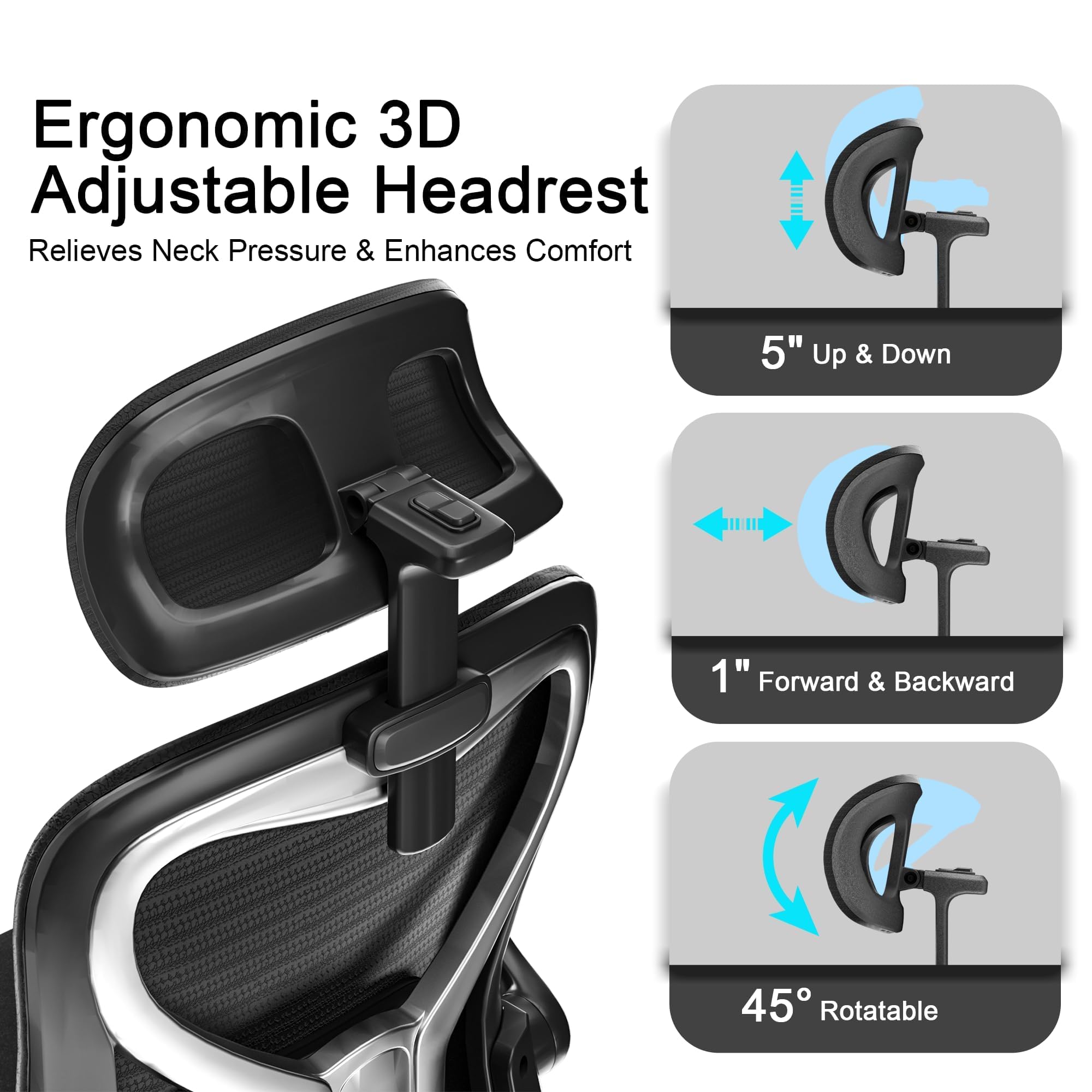 Ergonomic Office Chair, Mesh Desk Chair with Headrest, Lumbar Support, Thick Seat Cushion, Flip-up Arms, High Back Computer Task Chairs for Home Office, Black/Silver - Image 6