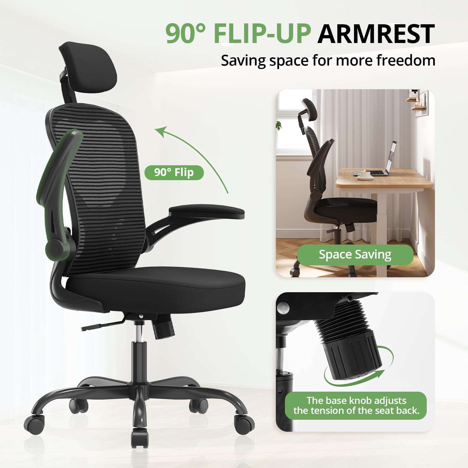 Office Chair Ergonomic Desk Chair, 330LBS Capacity, High Back Computer Chair for Long Hours Comfortable, Rolling Swivel Executive Task Chair for Home Office with Flip-up Armrests, Black - Image 5