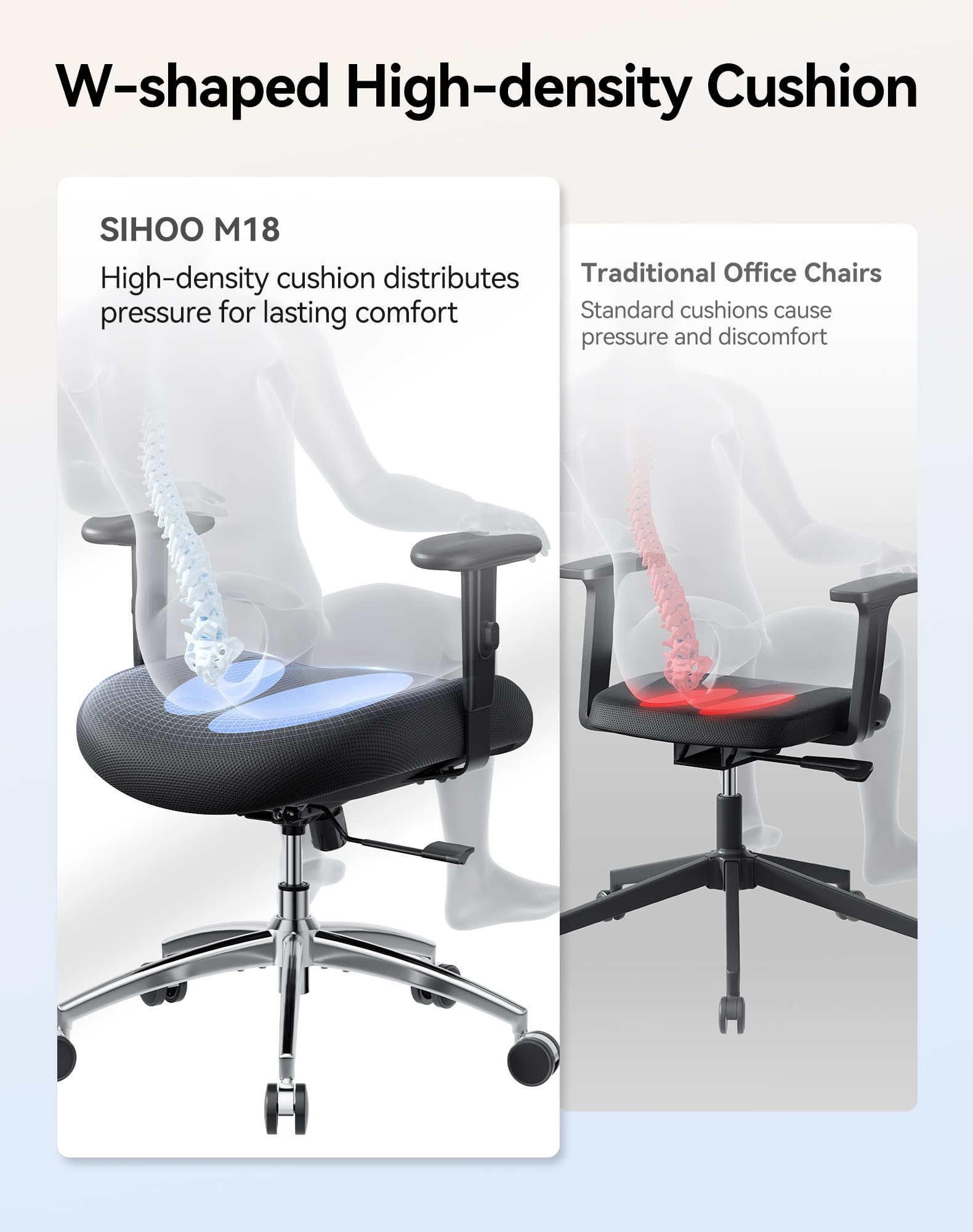 SIHOO M18 Ergonomic Office Chair, High Back Mesh Desk Chair with Adjustable Headrest & Lumbar Support, 330lbs Capacity Computer Chair with 2D Armrests & Wide Cushion, Tilt Lock, for Home Office-Black - Image 6