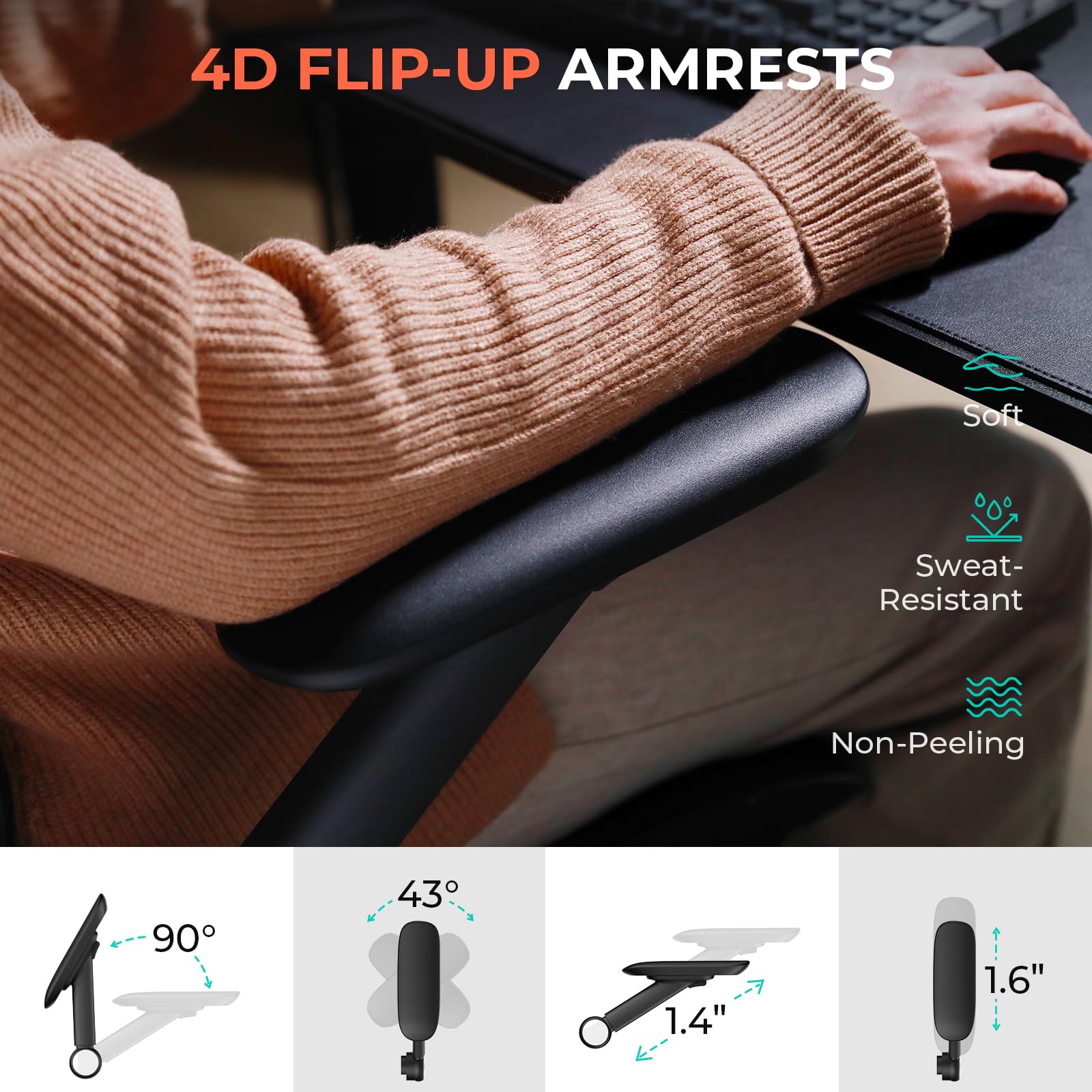 CAPOT Ergonomic Mesh Office Chair, Adjustable Lumbar High Back Desk Chair 400lbs, 4D Flip-up Arms, 3-Level Tilt Backrest, 3D Headrest, PU Wheels, Swivel Rolling Computer Seating for Long Desk Work - Image 5