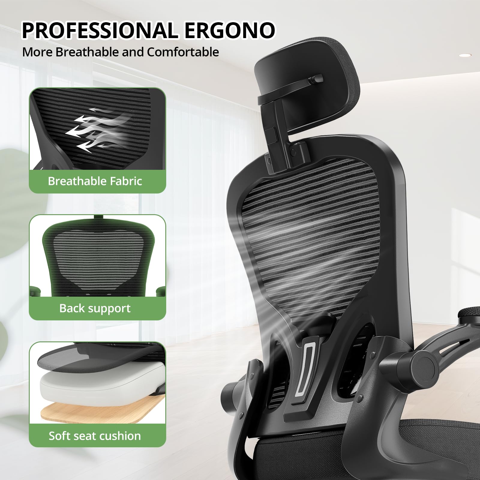 Office Chair Ergonomic Desk Chair, 330LBS Capacity, High Back Computer Chair for Long Hours Comfortable, Rolling Swivel Executive Task Chair for Home Office with Flip-up Armrests, Black - Image 3