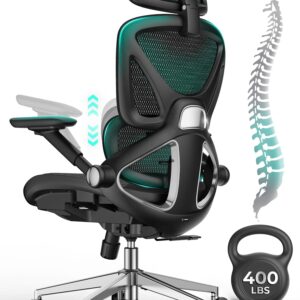 CAPOT Ergonomic Mesh Office Chair, Adjustable Lumbar High Back Desk Chair 400lbs, 4D Flip-up Arms, 3-Level Tilt Backrest, 3D Headrest, PU Wheels, Swivel Rolling Computer Seating for Long Desk Work
