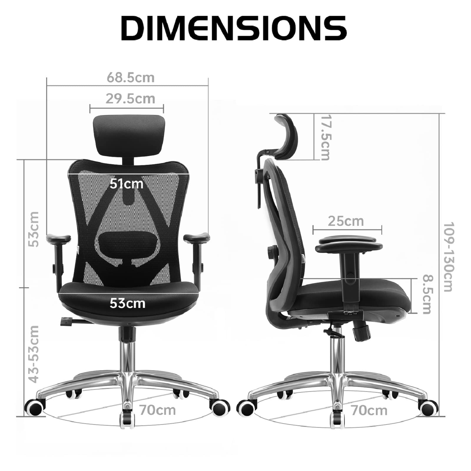 SIHOO M18 Ergonomic Office Chair, High Back Mesh Desk Chair with Adjustable Headrest & Lumbar Support, 330lbs Capacity Computer Chair with 2D Armrests & Wide Cushion, Tilt Lock, for Home Office-Black - Image 9