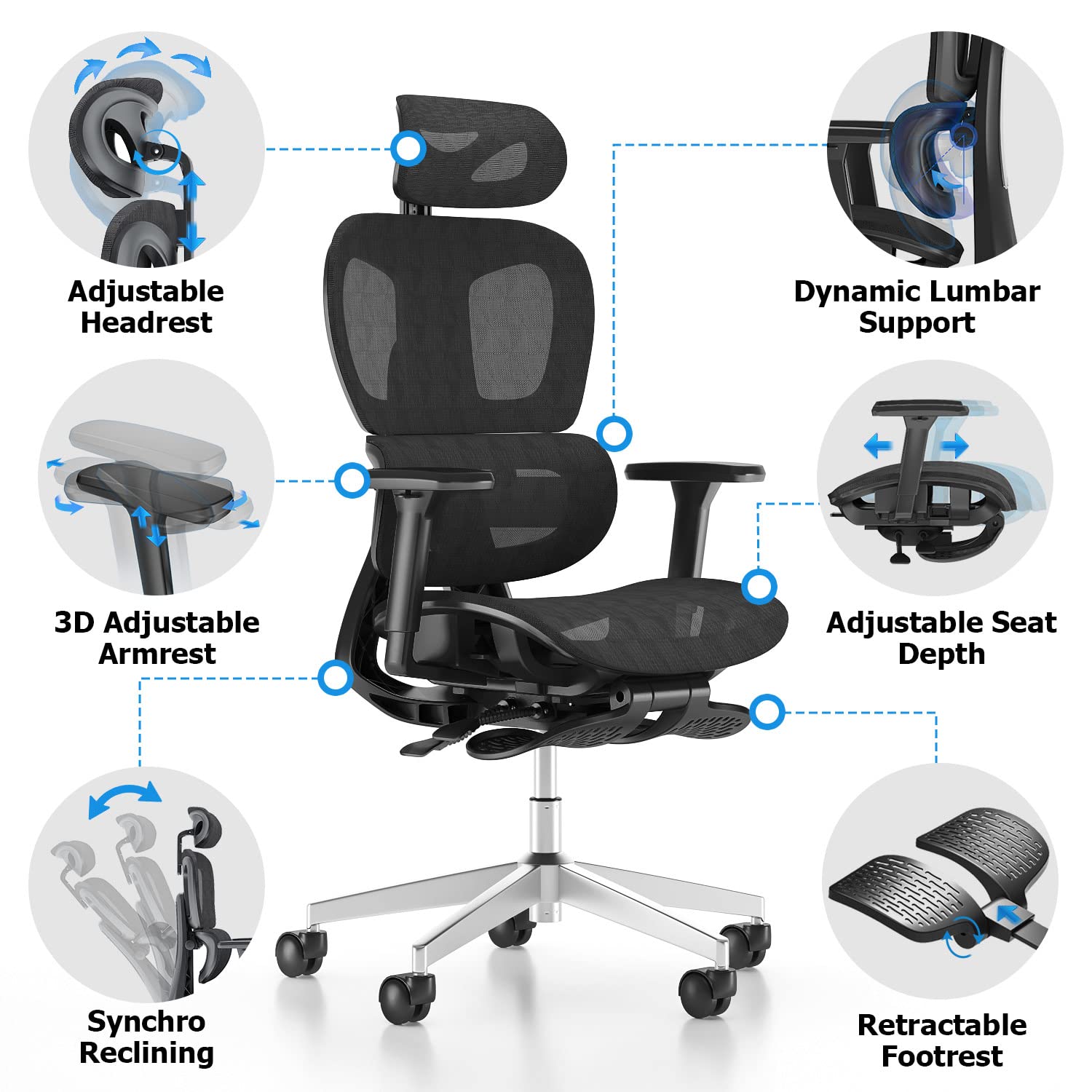 PatioMage Ergonomic Office Chair, Big and Tall Desk Chair with Adjustable Lumbar Support & Seat Depth, High Back Computer Chair, Swivel Mesh Chairs with Wheels for Home Office, Black - Image 6