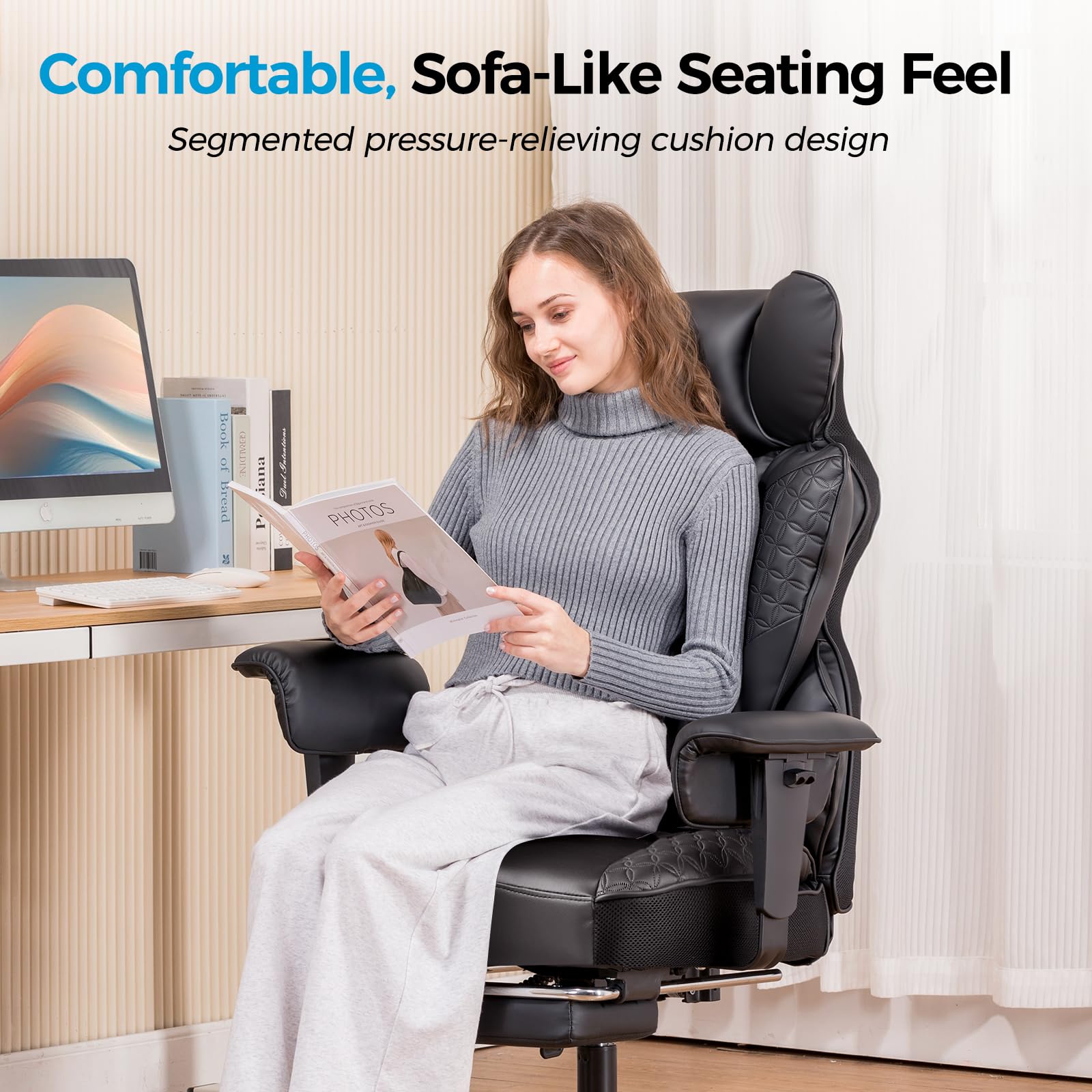 COMHOMA Big and Tall Office Chair Heavy Duty Wide Ergonomic Gaming Chair with Deluxe Embossing Designed Leather with Foot Rest,150°Reclining Adjustable Armrests Pocket Spring Back Support and Pillow - Image 3