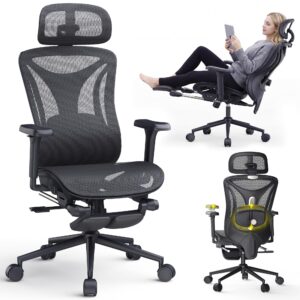 CYKOV Ergonomic Office Chair with Footrest - Adjustable Lumbar Support & Headrest, 90-160° Reclining Mesh Back Computer Chair - Home Office/Gaming, 350lbs Capacity (B-Black, Mesh)