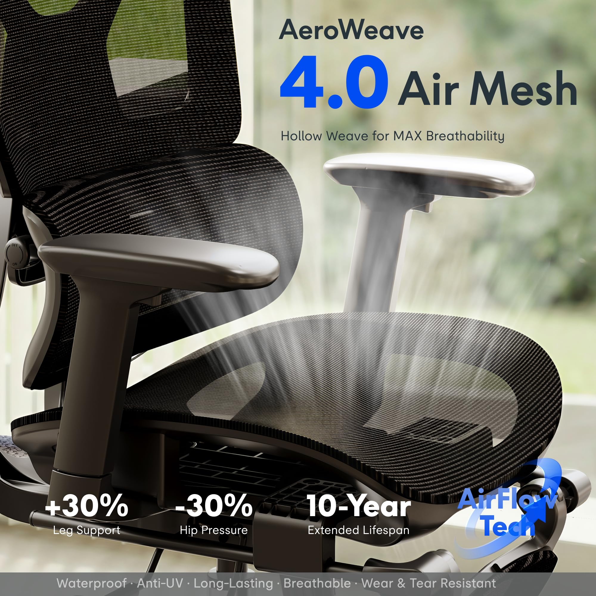 FLEXISPOT ErgoX Premium Ergonomic Office Chair with Footrest- Adjustable 3D Armrests, Dynamic Lumbar Support, Recline & Tilt Function, Mesh Seat, for Home & Office Use,Black - Image 6