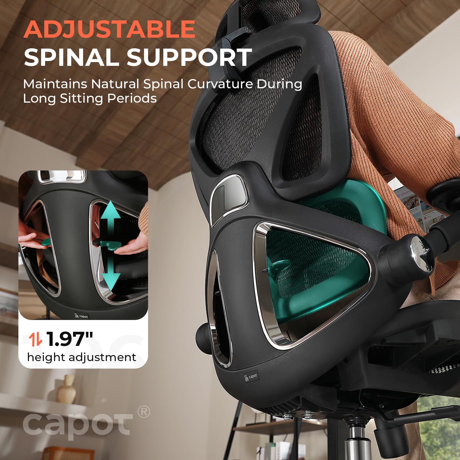 CAPOT Ergonomic Mesh Office Chair, Adjustable Lumbar High Back Desk Chair 400lbs, 4D Flip-up Arms, 3-Level Tilt Backrest, 3D Headrest, PU Wheels, Swivel Rolling Computer Seating for Long Desk Work - Image 8