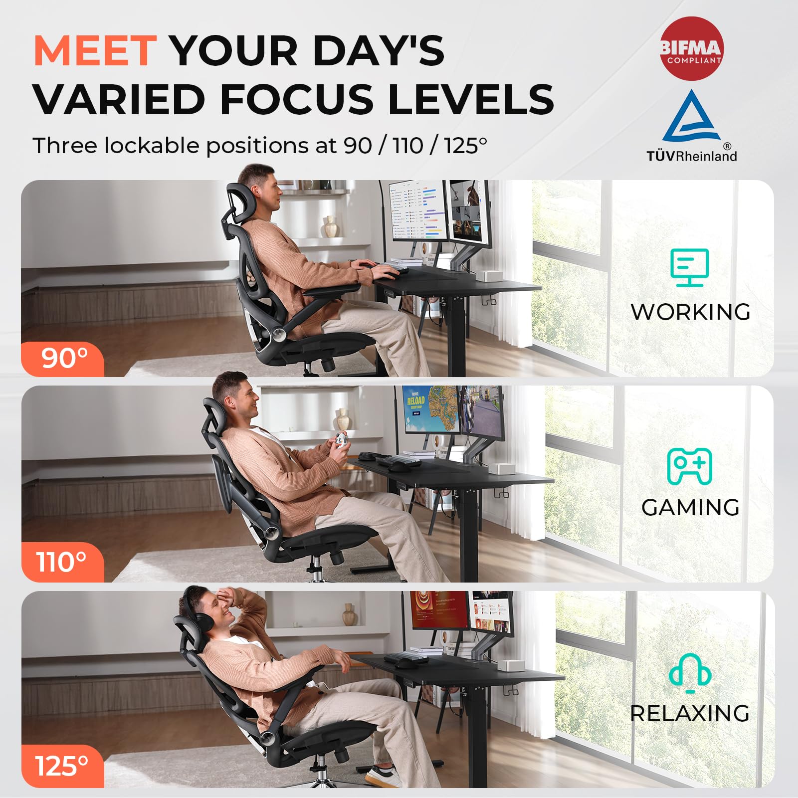 CAPOT Ergonomic Mesh Office Chair, Adjustable Lumbar High Back Desk Chair 400lbs, 4D Flip-up Arms, 3-Level Tilt Backrest, 3D Headrest, PU Wheels, Swivel Rolling Computer Seating for Long Desk Work - Image 7