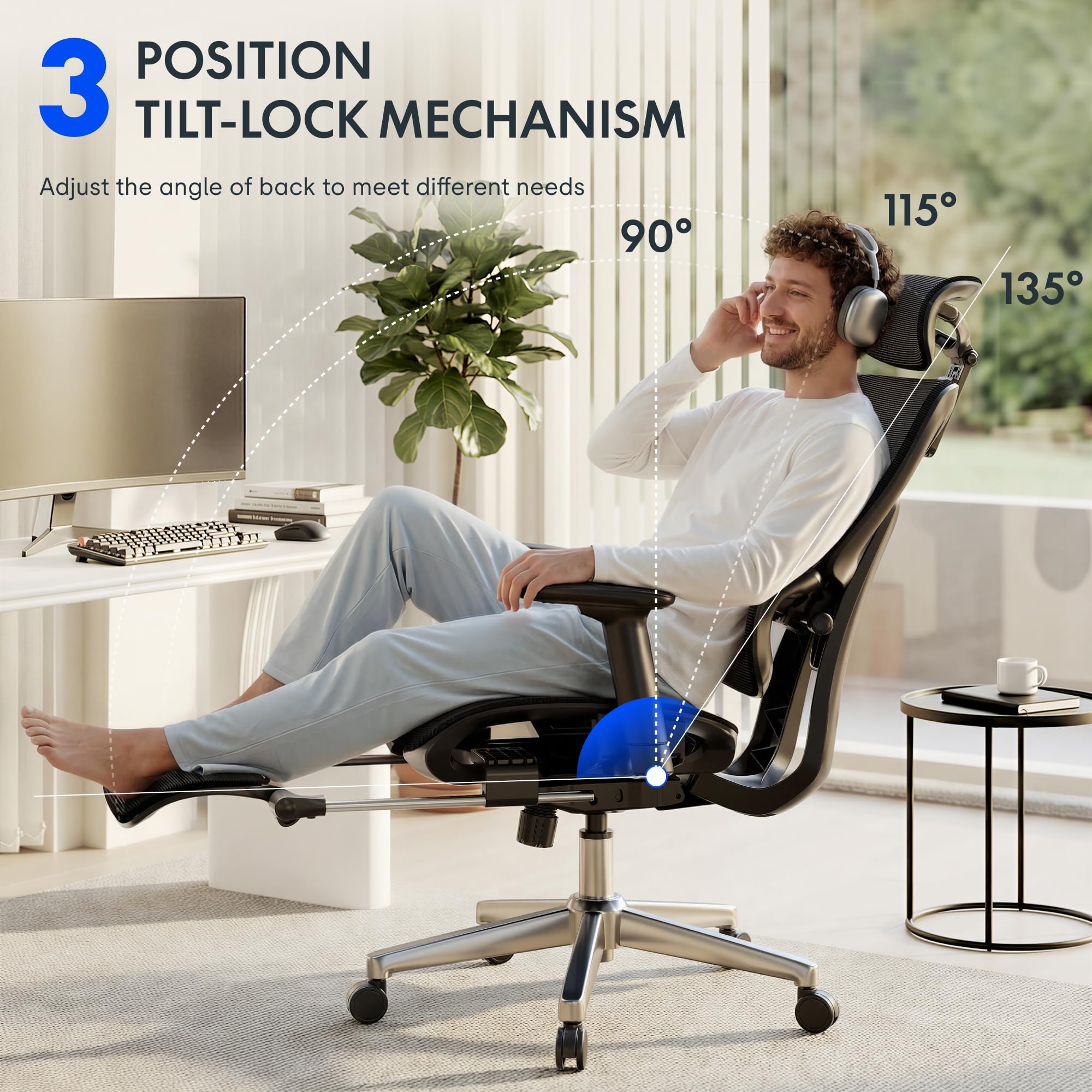 FLEXISPOT ErgoX Premium Ergonomic Office Chair with Footrest- Adjustable 3D Armrests, Dynamic Lumbar Support, Recline & Tilt Function, Mesh Seat, for Home & Office Use,Black - Image 8