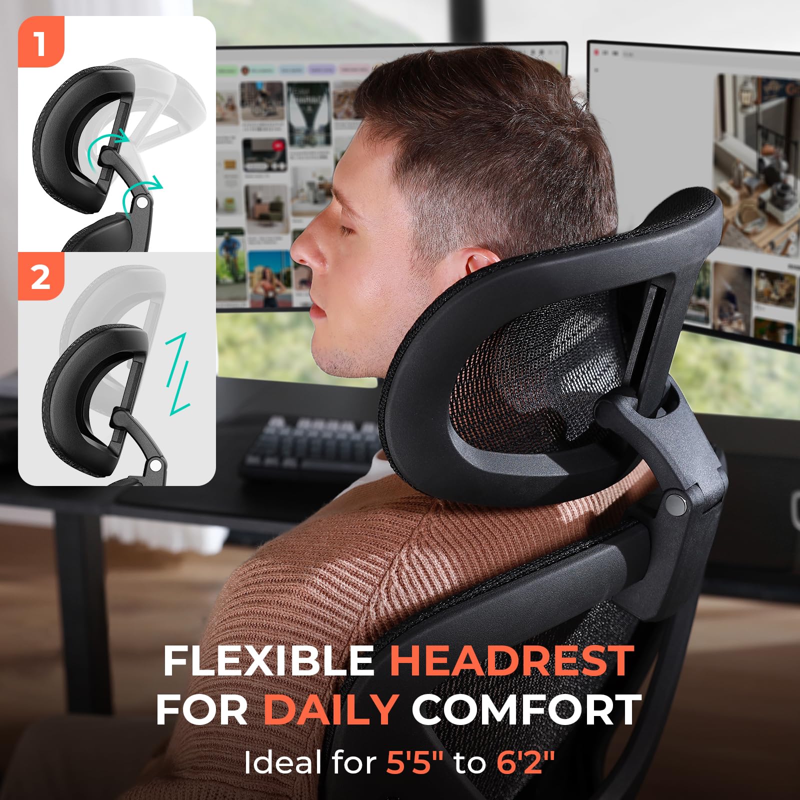 CAPOT Ergonomic Mesh Office Chair, Adjustable Lumbar High Back Desk Chair 400lbs, 4D Flip-up Arms, 3-Level Tilt Backrest, 3D Headrest, PU Wheels, Swivel Rolling Computer Seating for Long Desk Work - Image 6