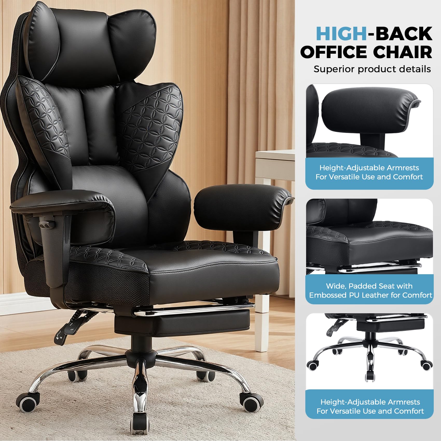 COMHOMA Big and Tall Office Chair Heavy Duty Wide Ergonomic Gaming Chair with Deluxe Embossing Designed Leather with Foot Rest,150°Reclining Adjustable Armrests Pocket Spring Back Support and Pillow - Image 2