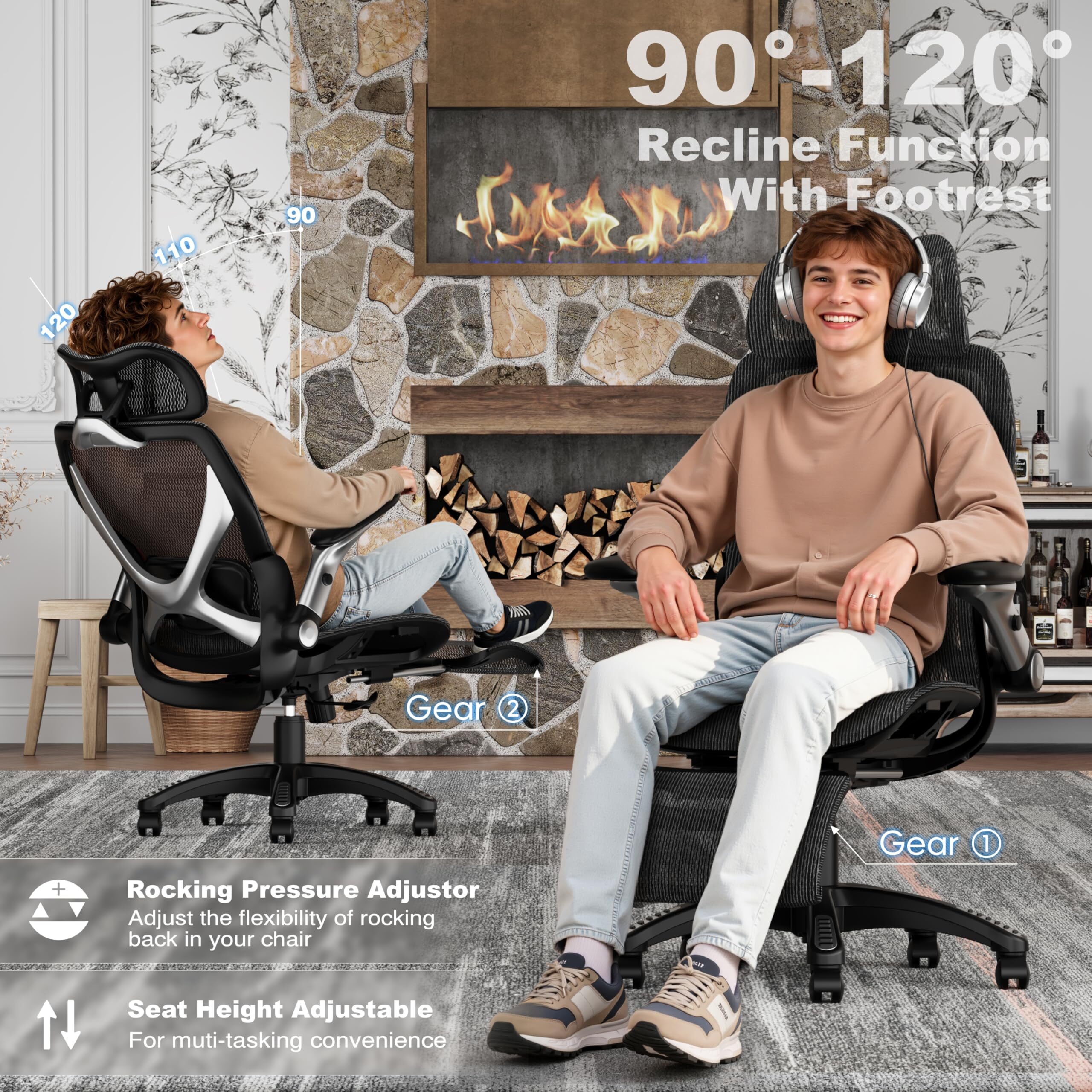 ELABEST X100 Ergonomic Mesh Office Chair with Footrest, Big and Tall Hone Desk Chair with 5D Flip-Up Arms, Adjustable 3D Lumbar Support,Gaming & Executive Computer Chairs - Image 4