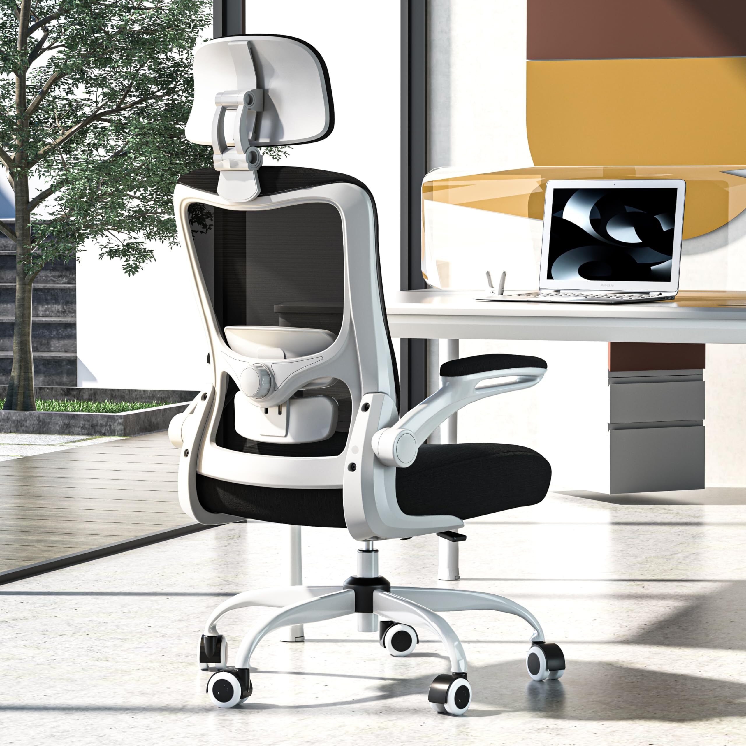 Zeonsit Ergonomic Office Chair, High Back Mesh Desk Chair with Adjustable Lumbar Support & Headrest, Flip-up Armrest, Computer Task Chairs for Home and Executive Office (W-Black)