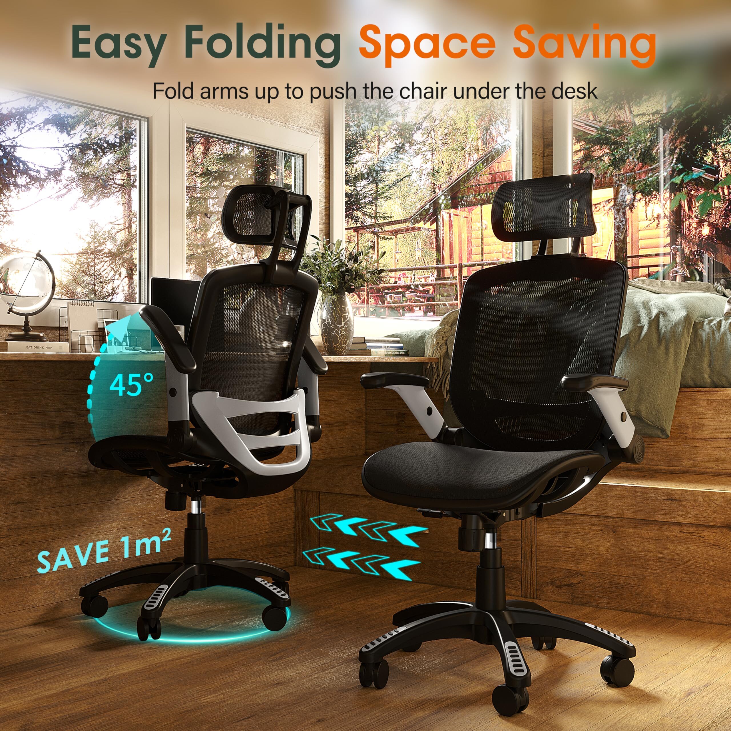 GABRYLLY Ergonomic Office Chair, High Back Home Desk Chair with Headrest, Flip-Up Arms, 90-120° Tilt Lock and Wide Cushion, Big and Tall Mesh Chairs for Man Woman, Black Task Chair - Image 8